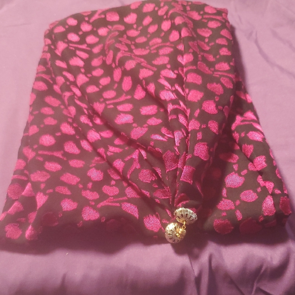 Pink and Black Patterned Scarf with Gold Accents